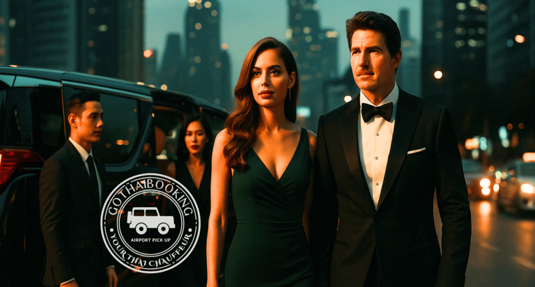 Elegant couple stepping out of luxury car in Bangkok at night with private chauffeur service