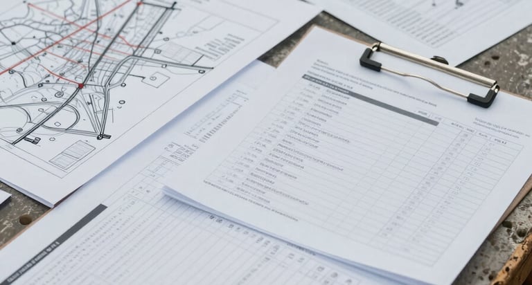 Close-up overhead of site assessment documents spread on a weathered field table — hand-drawn site maps, water-quality data sheets, and a clipboard with regulatory checklist, overcast natural light, muted ochre and slate tones