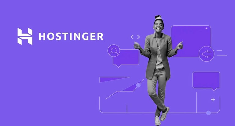 a woman in a suit and a purple background with the word hostinger