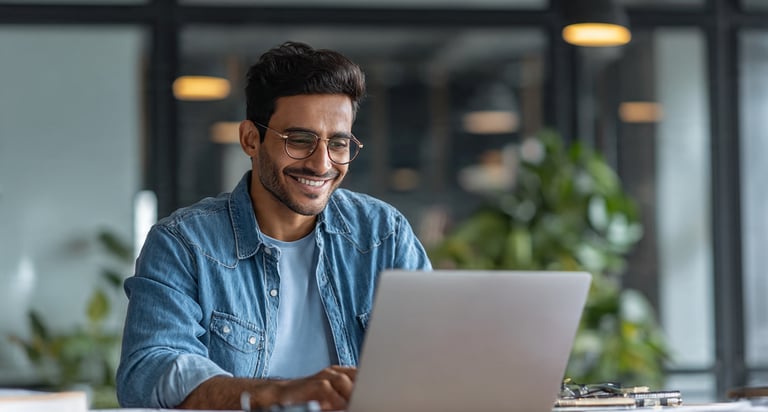 Smiling young male professional in glasses working on a laptop in a modern office.