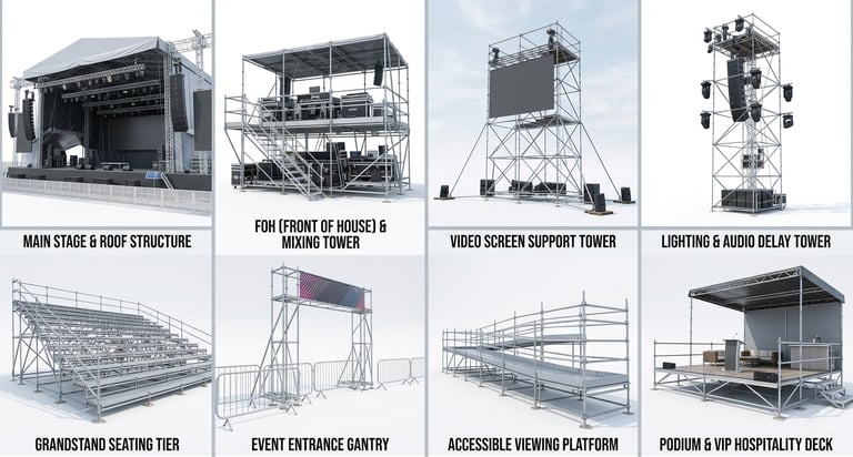 event scaffolding, concert stage design & grandstands تركيب تأجير سقالات، مسارح حفلات ومدرجات