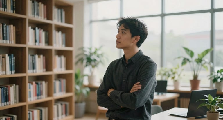 A thoughtful leader reflecting in a modern, plant-filled library, soft diffused window light, 35mm film aesthetic.