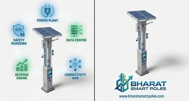 A Bharat smart street pole featuring a solar panel, security cameras, and a digital display screen.
