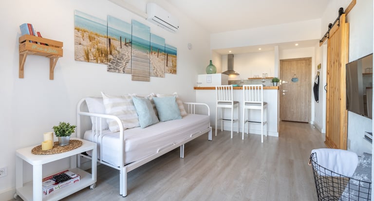 a living room with a couch and a television