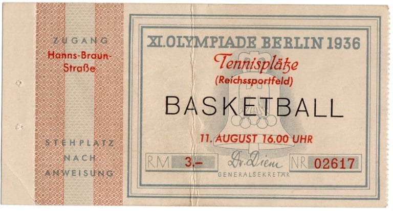 1936 Olympics Basketball Ticket Stub, Xi. Olypiade Berlin August 11th, 1936 At The Tennisplatze