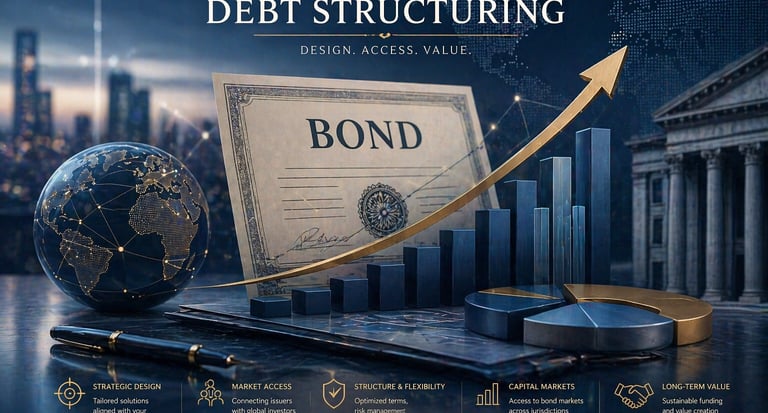 Corporate debt structuring graphic showing a bond certificate, growth chart, and global financial market icons.