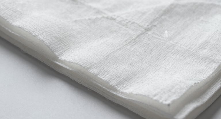 Macro texture of clean, white non-woven fabric used in personal care manufacturing, soft overhead light, high detail, sterile and precise composition.