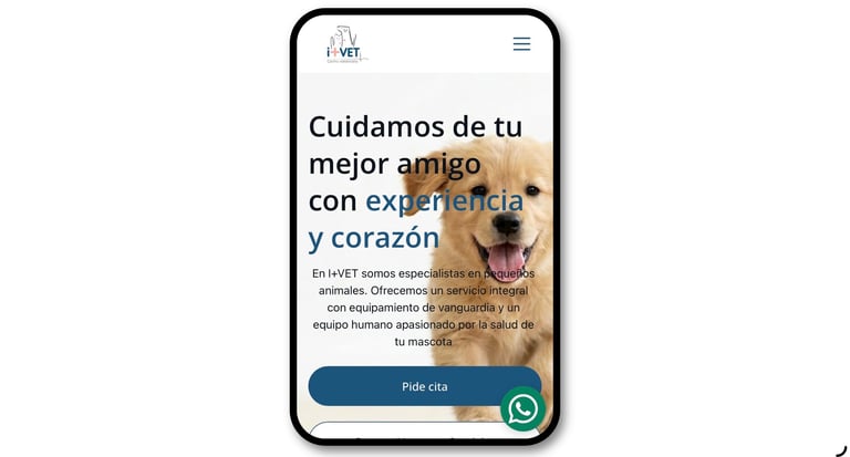I+VET veterinary clinic website on a mobile device featuring a golden retriever puppy and a request appointment button.