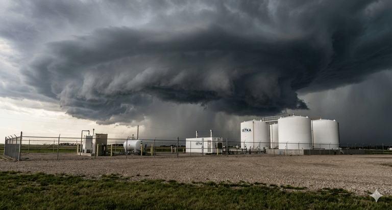 Large wall cloud approaching an oil and gas location in Oklahoma