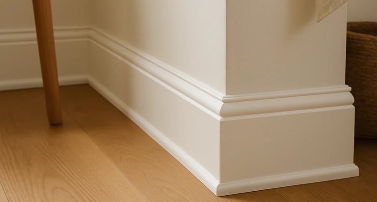 Clean baseboard corner installation with professional finish.