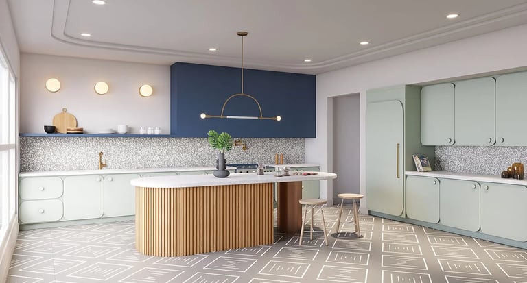 Engineered wood flooring paired with modern kitchen countertops for a cohesive design.
