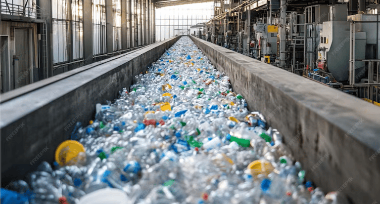 Plastic bottles moving on a conveyor belt at a modern recycling facility for waste management.