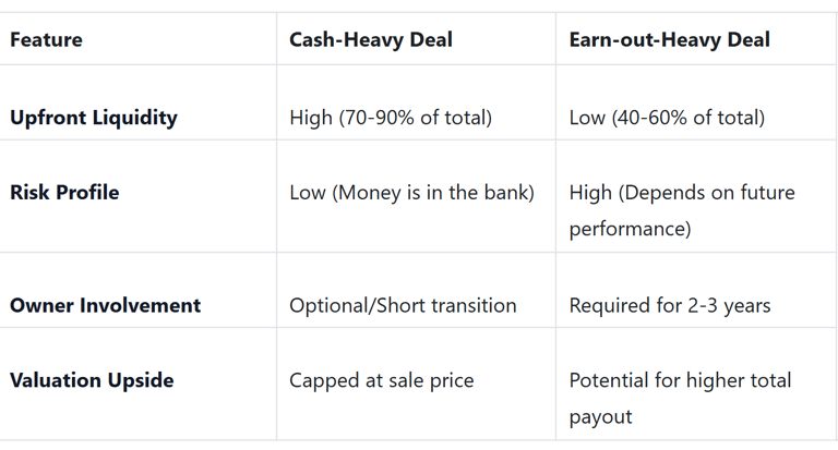 A clean, professional table comparing the pros and cons of cash-heavy deals versus earn-out-heavy de