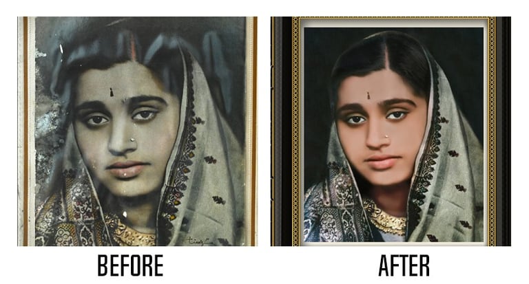 Before and after comparison of a repaired torn wedding photo