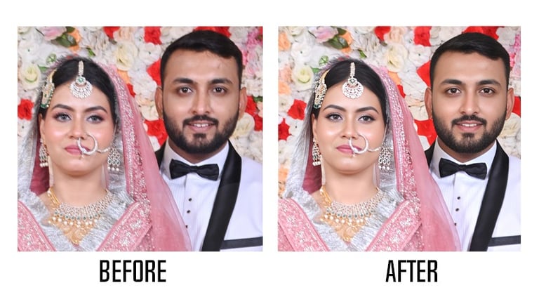 Wedding photo with blur face digitally reconstructed