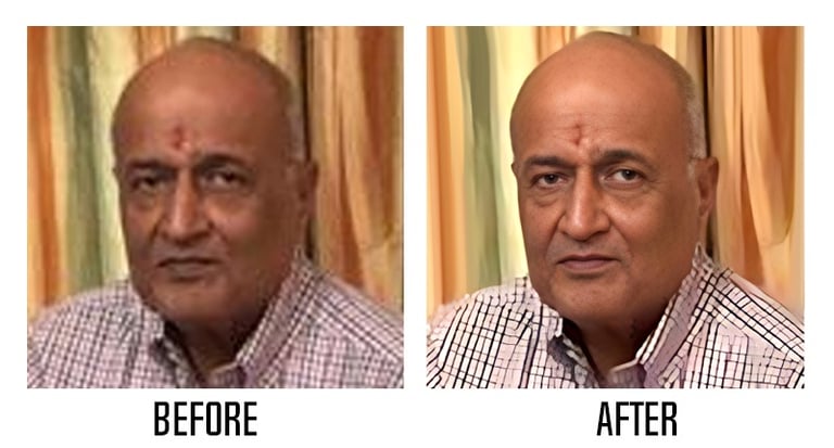 Side-by-side view of a faded photo before and after restoration