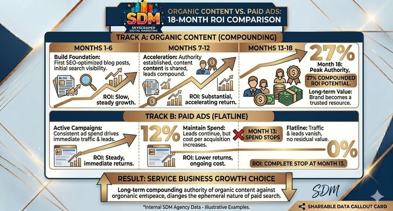 Content marketing ROI compounding over time versus paid advertising results for service businesses.