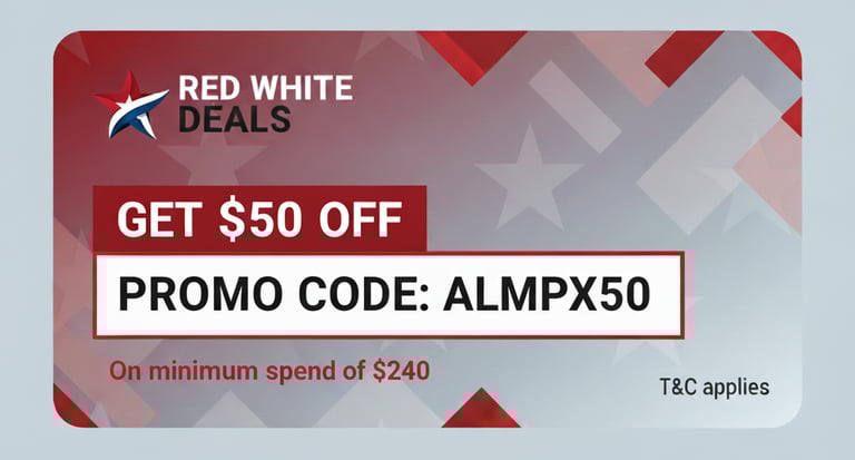 $50% off coupon code image of red white deals