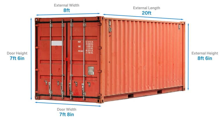 A red 20ft shipping container showing the outside dimensions