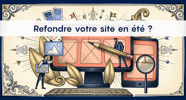 Image représentant un ordinateur et un écran de tablette avec un texte "refonte votre site en été ?"