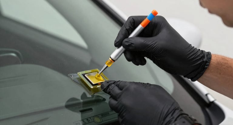 A close-up photograph of a professional technician in the North American US applying specialized resin to a small chip in a car windshield, bright natural daylight, clean and modern aesthetic.