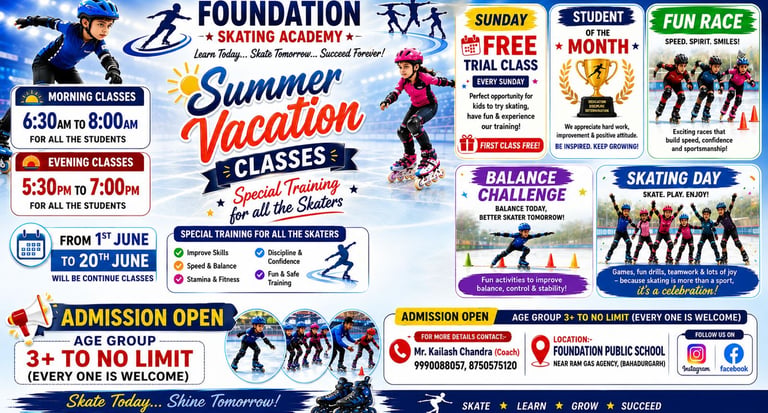 Foundation Skating Academy flyer for summer vacation classes featuring kids in roller skates and safety gear.