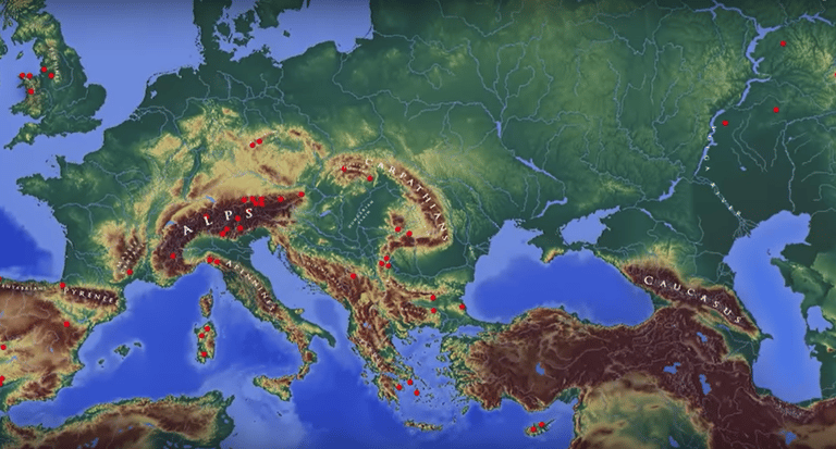 Map of copper mines in Neolithic Europe.