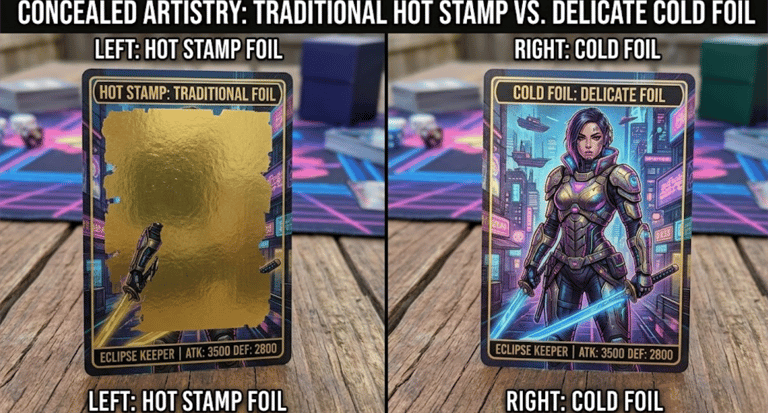 Hot stamp vs Cold foil printing comparison for custom TCG cards.