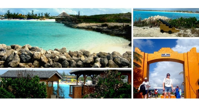 Chegada em Half Moon Cay com tenders, El Salvador, canhão e mar azul.
