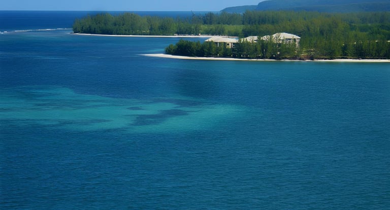 Vista panorâmica do mar do Caribe ao chegar de navio ao porto de Falmouth, Jamaica.