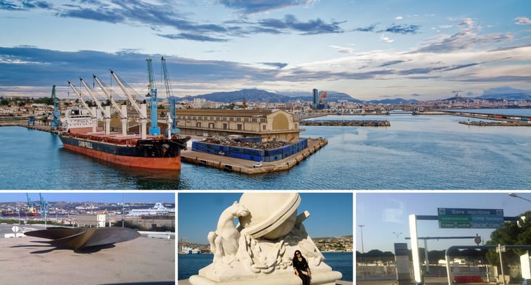 Vista do porto de Marselha na chegada, com estátuas e monumentos contrastando com a modernidade do cais