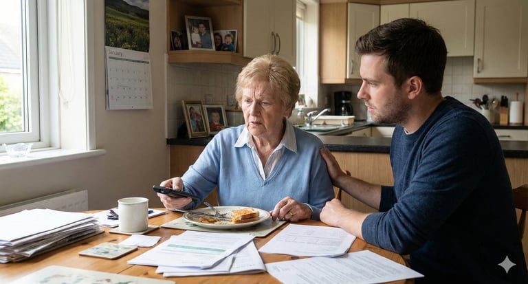 Elderly woman struggling with memory and daily tasks as a caregiver supports her at the kitchen table.