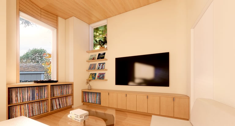 Modern minimalist living room featuring a wall-mounted TV and extensive light wood vinyl record storage cabinets.