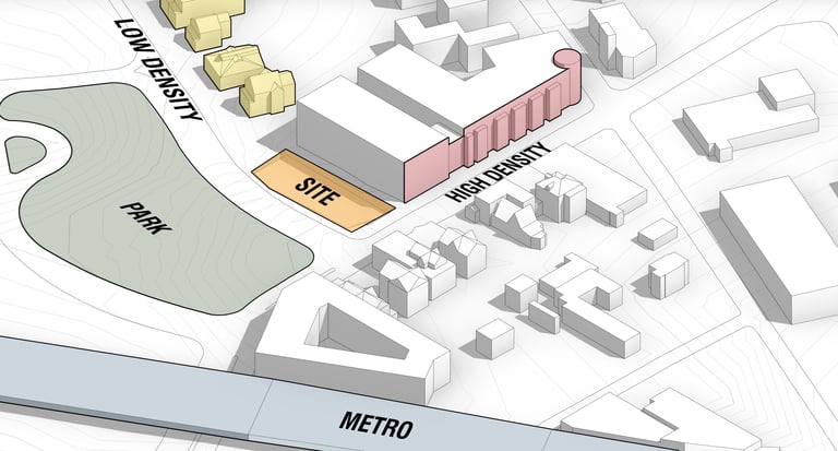 Urban planning 3D model showing a high-density development site next to a metro station and park.