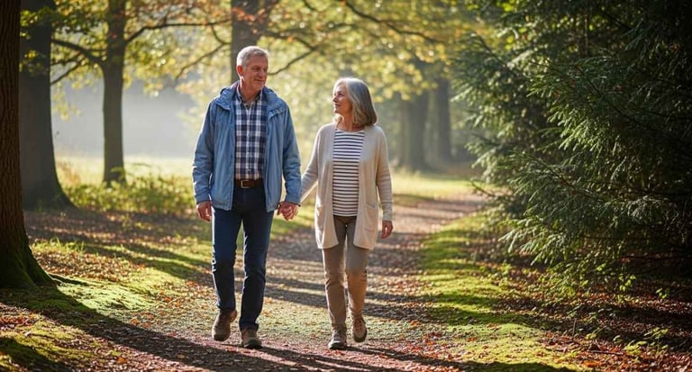 Casal de 60 anos mantendo rotina de exercícios ao ar livre em ambiente natural, focando em saúde cardiovascular.