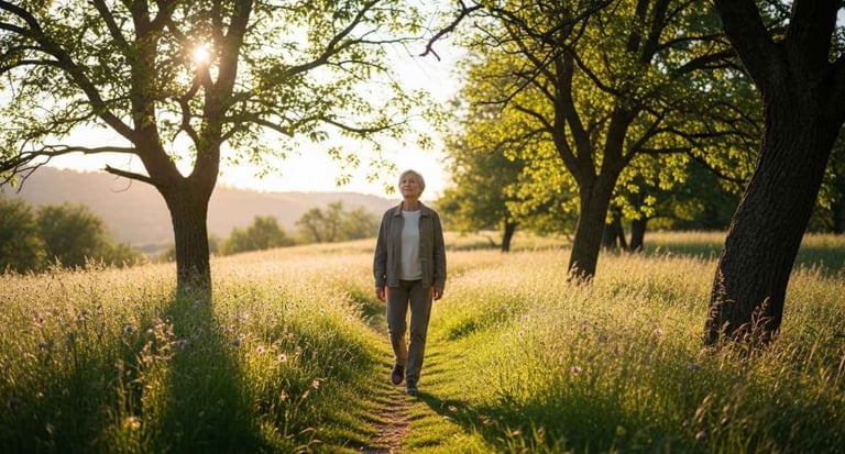 Pessoa caminhando ao ar livre, postura ereta, ambiente tranquilo, luz natural suave, estilo fotográfico realista, sem texto.