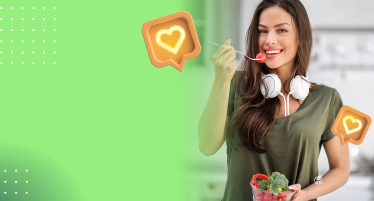 Smiling woman holding a fresh vegetable salad with glowing heart social media icons.