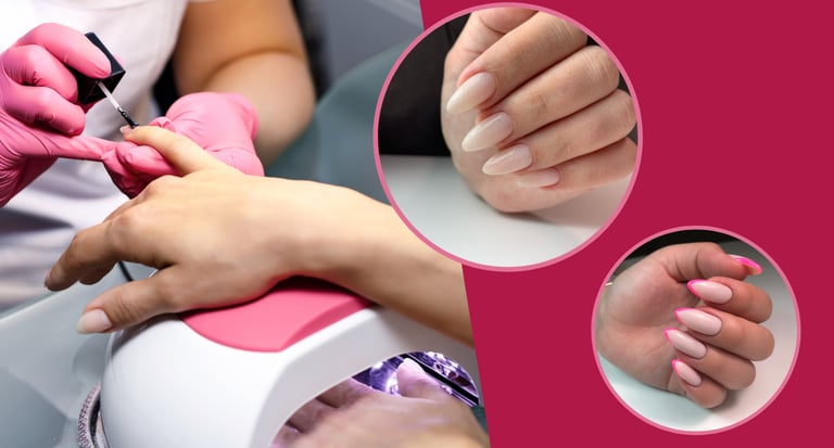 Professional manicure service featuring gel nail application, almond shape extensions, and pink French tips.