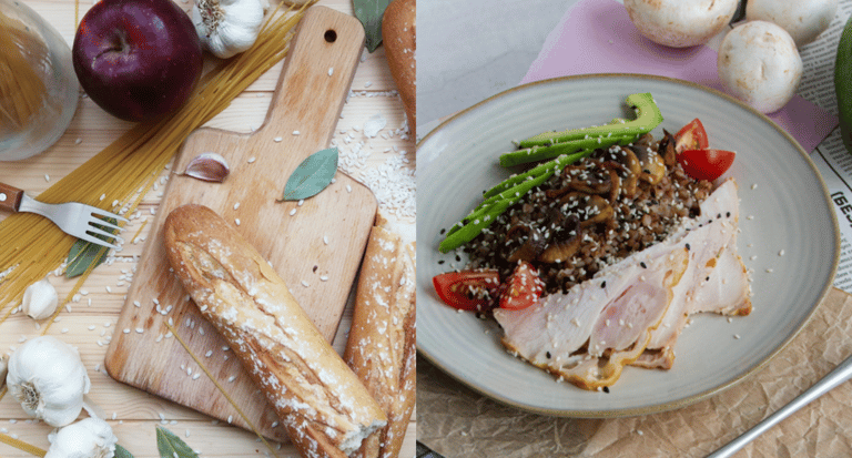 Flat lay of healthy meal prep ingredients and a plate with buckwheat, turkey, and avocado.
