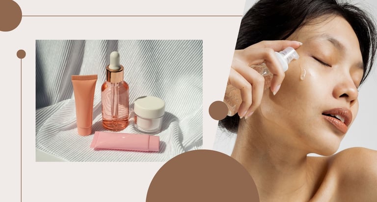 A collection of skincare products including a dropper bottle, tubes, and a jar, alongside a woman applying a facial serum