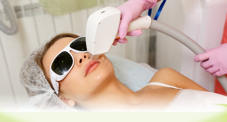 A woman receiving a professional laser facial hair removal treatment on her upper lip at a medical spa.
