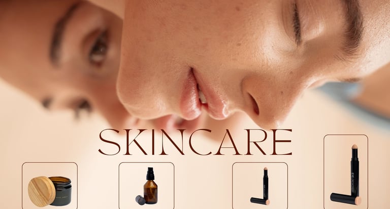 A close-up of a woman's face, highlighting radiant skin, alongside various skincare products like moisturizers, serums, and