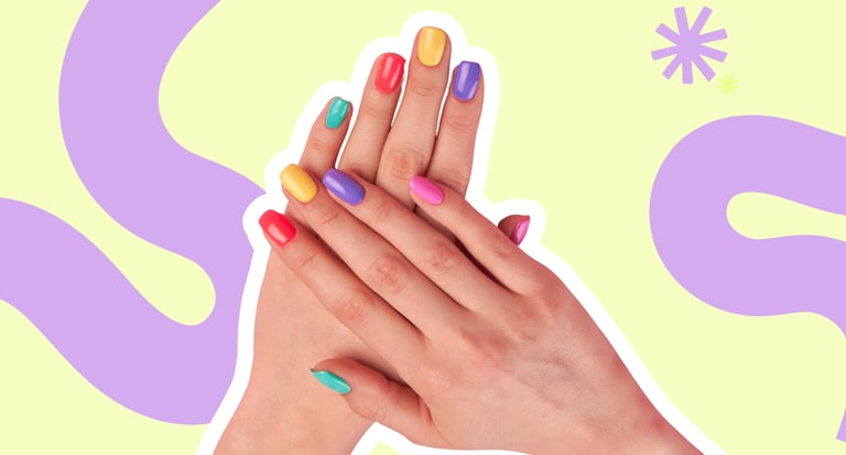 A colorful rainbow manicure featuring bright yellow, purple, pink, and teal nail polish colors.