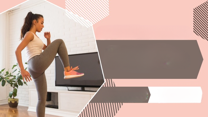 Young woman in fitness wear doing high knees home workout in her living room with a pink graphic overlay.