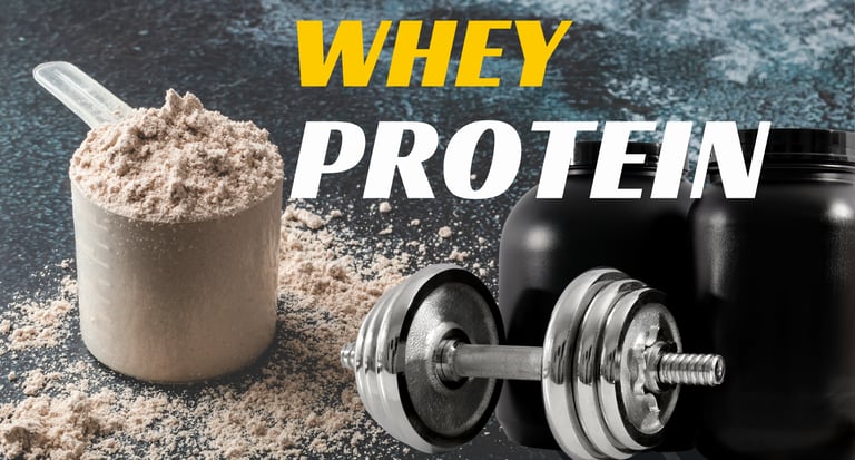 Scoop of whey protein powder next to a dumbbell and supplement jars for fitness bodybuilding.
