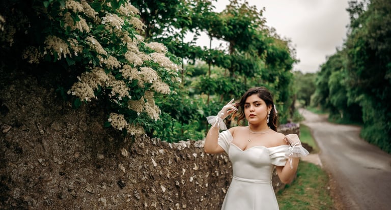 Bride in white dress posing by a stone wall with lush greenery, photographed in Kent.