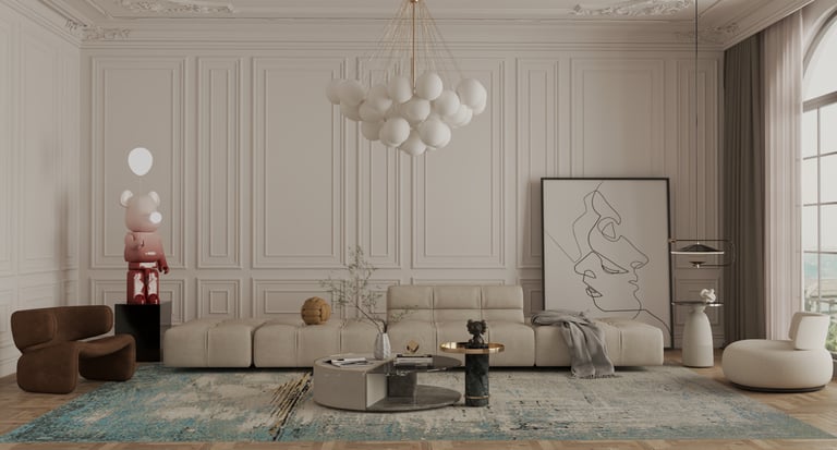 Render modern luxury living room with beige modular sofa, bubble chandelier, and minimalist art.