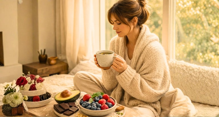 Woman sitting with herbal tea and healthy foods like berries, avocado and dark chocolate to help red