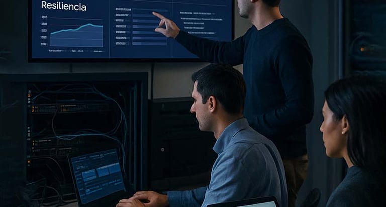 tres personas en seguridad informática, soporte digital, resiliencia, seguridad de datos