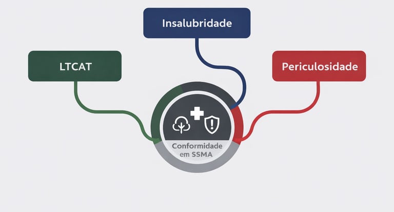 Ilustração com blocos interligados representando LTCAT, insalubridade e periculosidade